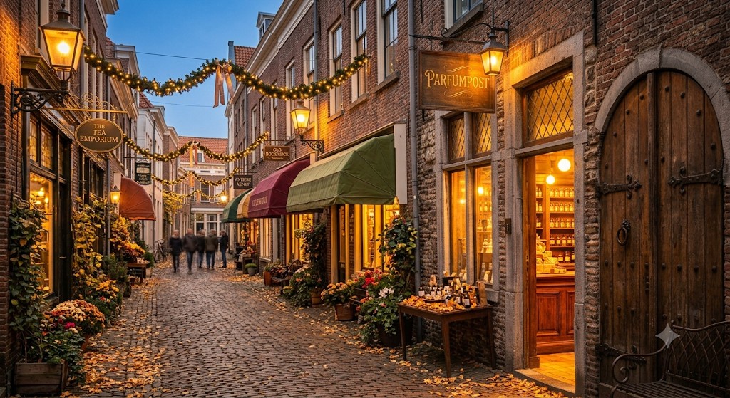 Oud winkelstraatje met de deur van Parfumpost